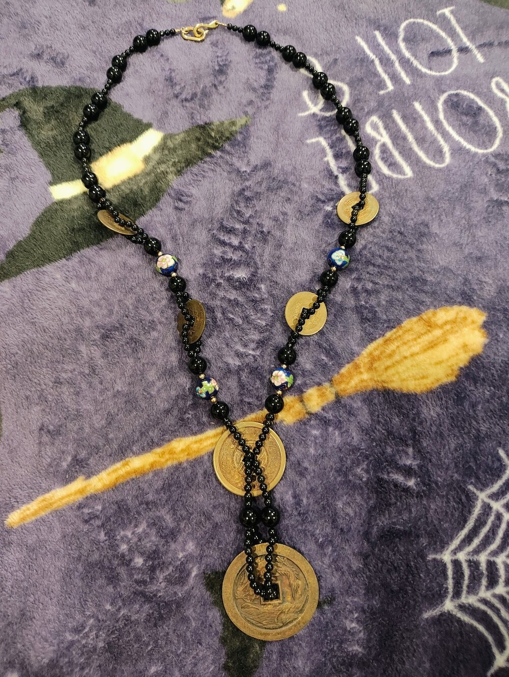 Black Beaded Coin Pendant Necklace - Unbranded